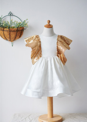 Ivory Satin Gold Sequin V Back Fashion Flower Girl Dress